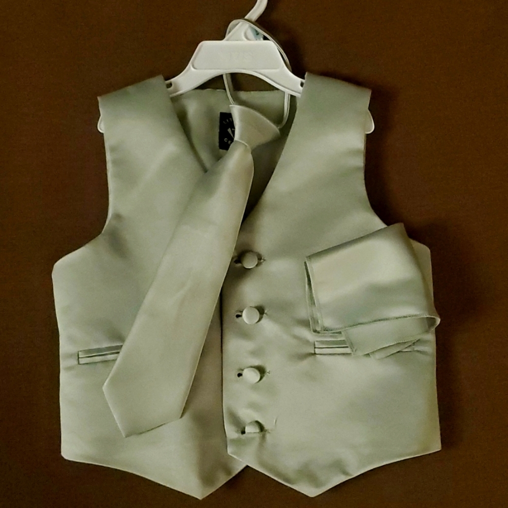 Size 5 Sage Green Satin Vest, Tie, and Pocket Square